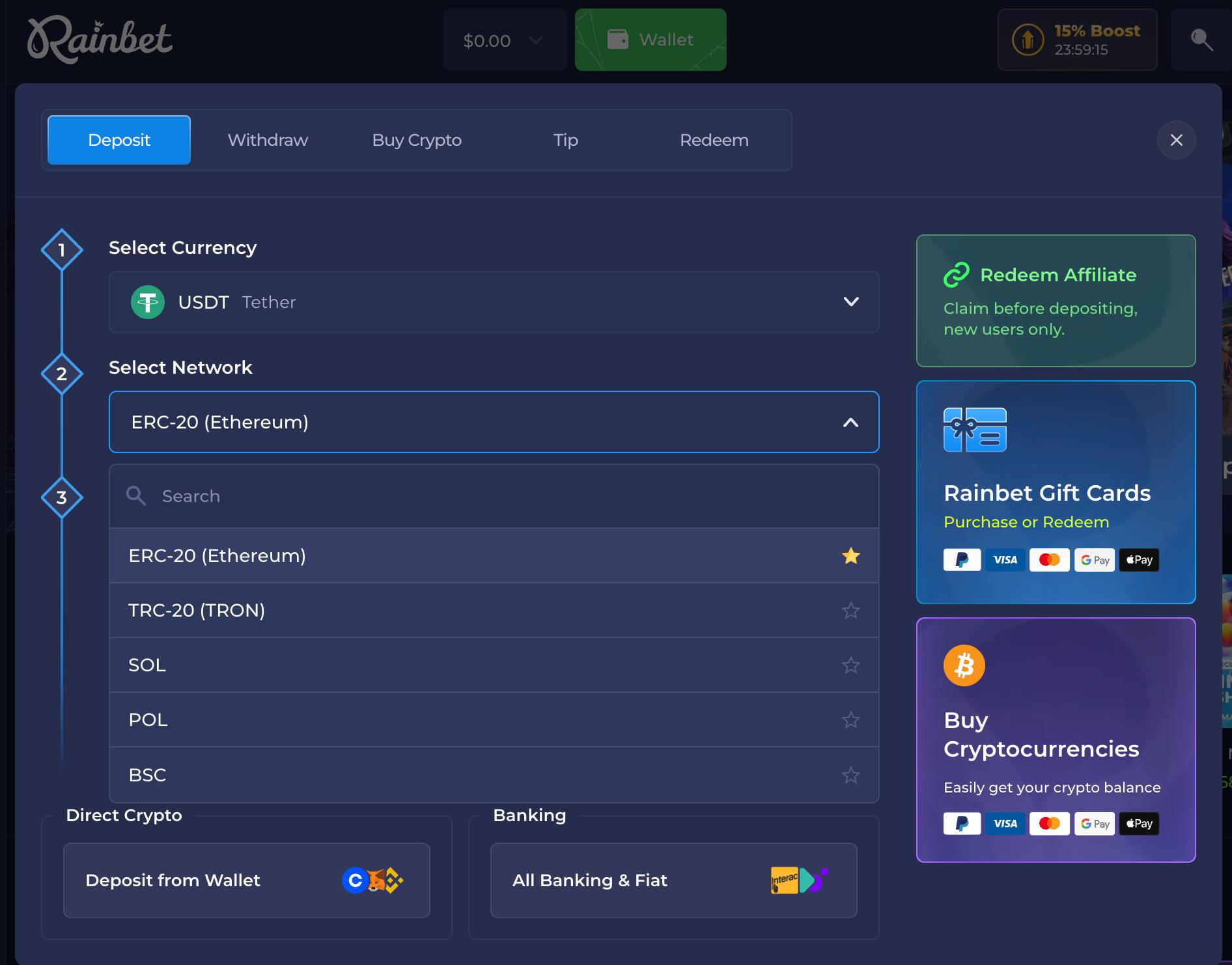 rainbet usdt deposit